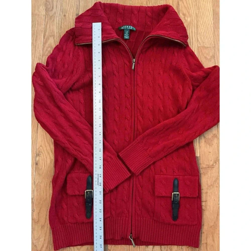 Lauren Ralph Lauren Sweater Womens L Red Cable Full Zip Brass Buckles Pockets